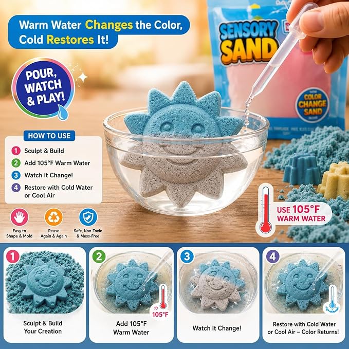 Carolart Color Changing Sensory Sand Refill 4.5lb Play Sand for Kids | Color Changing Sensory Sand Refill, 4.5lb Bulk Sensory Bin Filler, Sensory Kit, Temperature Activated Sand for Classroom