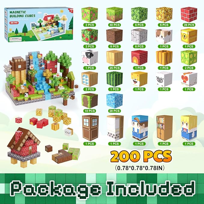 200PCS Magnetic Building Blocks Set, Magnetic Tiles Kids Build Cubes STEM Game Toys, Build Forest World Set, Christmas Birthday Gifts for Boys & Girls Age 3 4 5 6 7 8 9 10, 0.78 in Size | STEM Game Stacking Toys for Kids, Birthday Gifts for Boys and Gi...