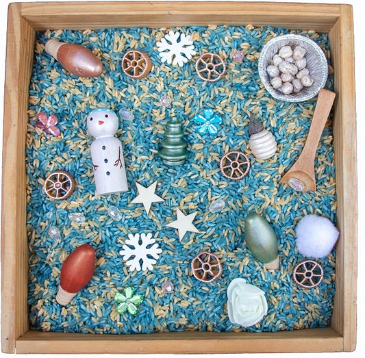 Open Ended Toys | Winter Sensory Bin, Colored Rice, Sensory Rice, Sensory Filler, Snowman Sensory Bin, Christmas Toy, Christmas Toys, Christmas Stocking Stuffers, Christmas Activities