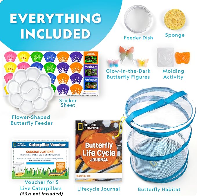 National Geographic Ultimate Butterfly Growing Habitat Kit for Kids | Voucher for 5 Caterpillars, Mesh Butterfly Habitat, Glow-in-the-Dark Figures, Metamorphosis Science, Outdoor Learning