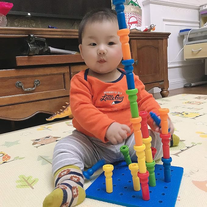 Peg Board Set Toys-Montessori Occupational Therapy Fine Motor Skills Toy, Suitable for Toddlers and Preschoolers Over 3+ Year Old. 25 Tall-Stacker Pegs Rubber 8" Pegboard