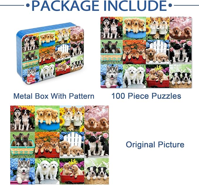 LELEMON Puzzles for Kids Ages 4-6,Cute Dogs 100 Piece Puzzles for Kids Ages 6-8 in a Metal Box,Educational Jigsaw Puzzles,Childrens 100 Piece Puzzle Games Puzzle Toys for Girls and Boys