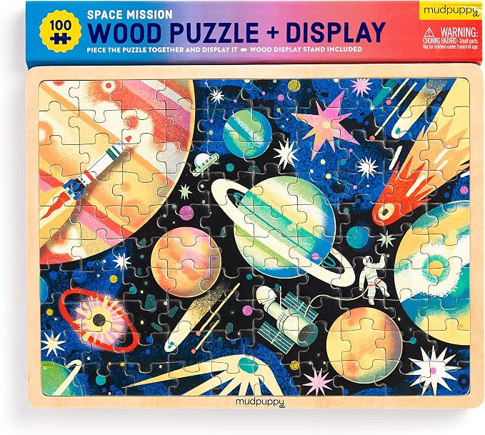 Mudpuppy Space Mission 100 Piece Wooden Puzzle for Kids, Ages 5+ | Outerspace Theme, Bright and Bold Illustrations, Sturdy Pieces, Display Stand Included, Room Décor