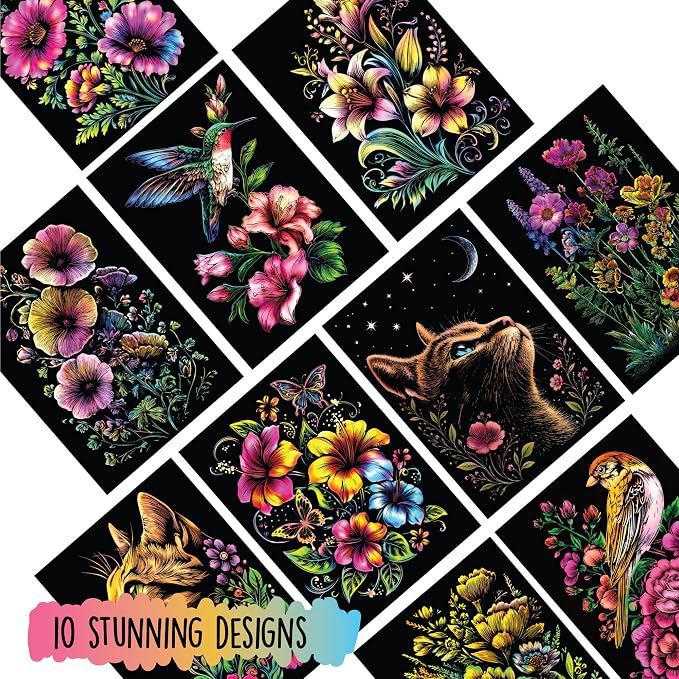 Scratch Art Book for Adults - Floral Series, 10 Rainbow Art and Crafts for Adults | Adult scratch art & foil art for adults kit | stress relief scratch painting, screen-free travel craft | scratch art adult