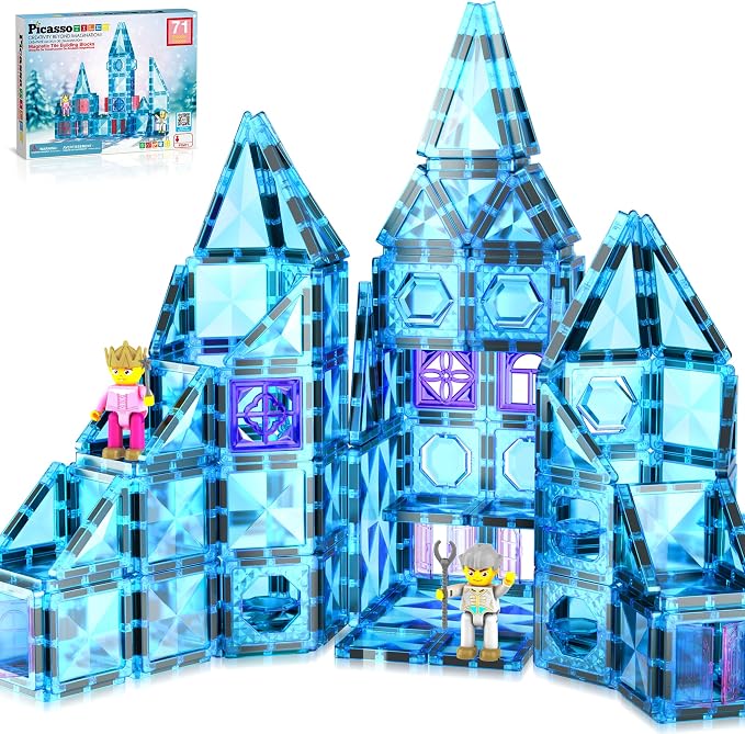 PicassoTiles 71pc Mini Diamond Series Winter Ice Theme Magnetic Tile Building Blocks 2 Character Action Figures Travel Size On-the-Go Magnet Construction Toy Set STEM Development Kit Ages 3+ PTM71