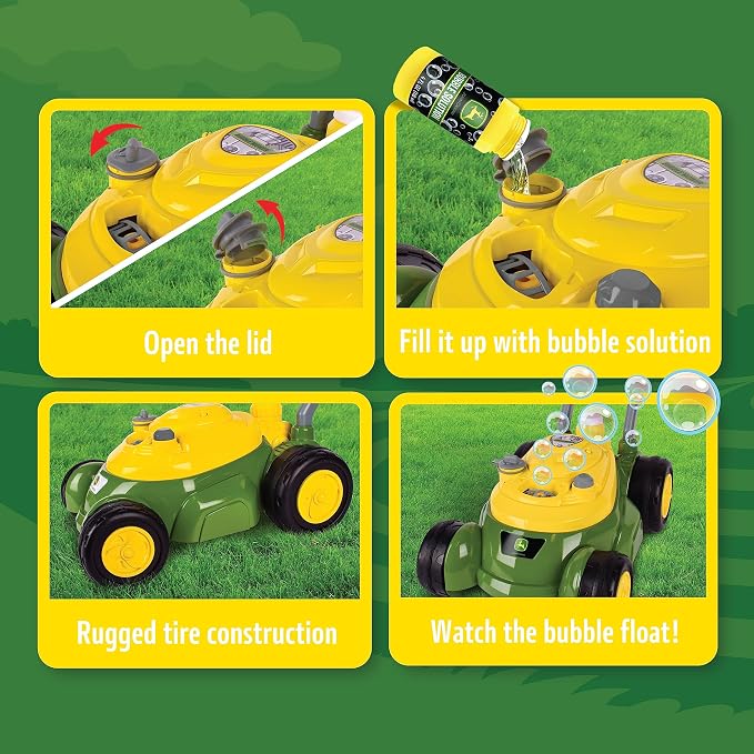 John Deere Bubble Lawn Mower for Toddlers, Bubble Blowing Machines, Indoor and Outdoor Gardening Toy, Birthday, Party Favor for Preschool Girls and Boys, No Batteries Required, 2+