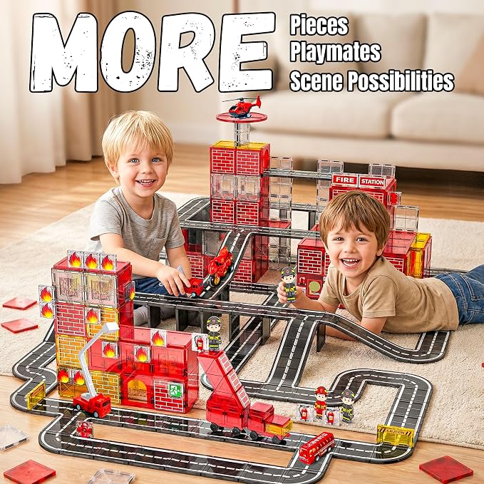 141PCS Magnetic Tiles for kids, Fire Rescue Theme Magnet Tiles with Fire Station & Fire Rescue Vehicles, STEM Magnetic Tiles for Kids Ages 4-8, Preschool Educational Building Toys for Boys & Girls