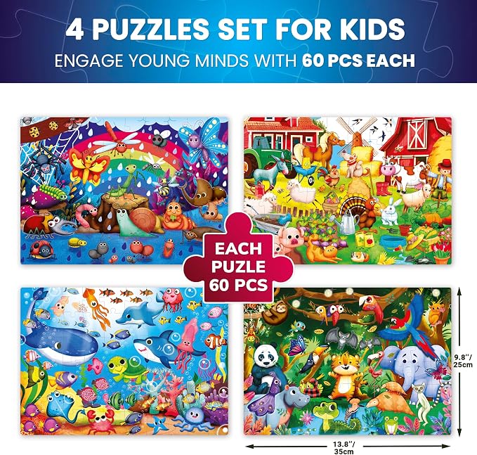 4 x 60 Piece Puzzles for Kids Ages 4-6 - Educational Kids Puzzles Ages 4-8 | Glow-in-the-Dark - Farm Bugs, Tropical and Ocean Animals - Toddler Puzzle - Learning Kids Games Ages 4-8 - Gift for Children