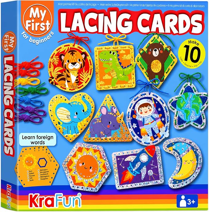 KRAFUN Space & Dino Holographic Lacing Cards Age 3+ |10 Projects | Holographic lacing cards: T-Rex, Astronaut, Rocket, Tiger & Dinosaur. Builds fine motor skills. For boys & girls age 3+