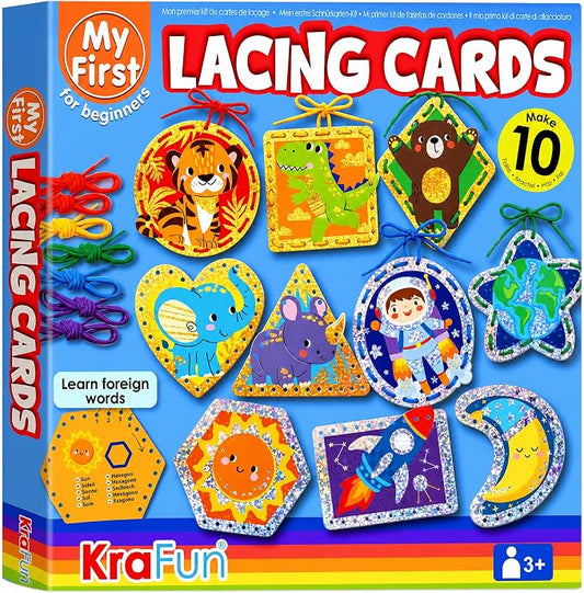 KRAFUN Space & Dino Holographic Lacing Cards Age 3+ |10 Projects | Holographic lacing cards: T-Rex, Astronaut, Rocket, Tiger & Dinosaur. Builds fine motor skills. For boys & girls age 3+