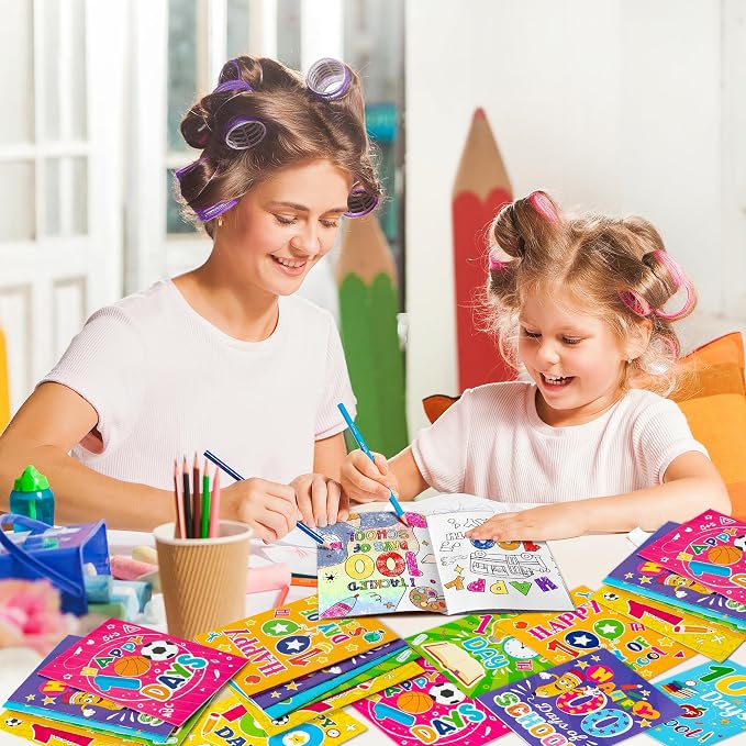 24Pcs 100th Day of School Coloring Books Happy 100 Days DIY Color-in Pages Pencil Book Clock Cute Patterns Drawing Booklet Classroom Reward Art Activity Gifts Party Favors Supplies for Kids