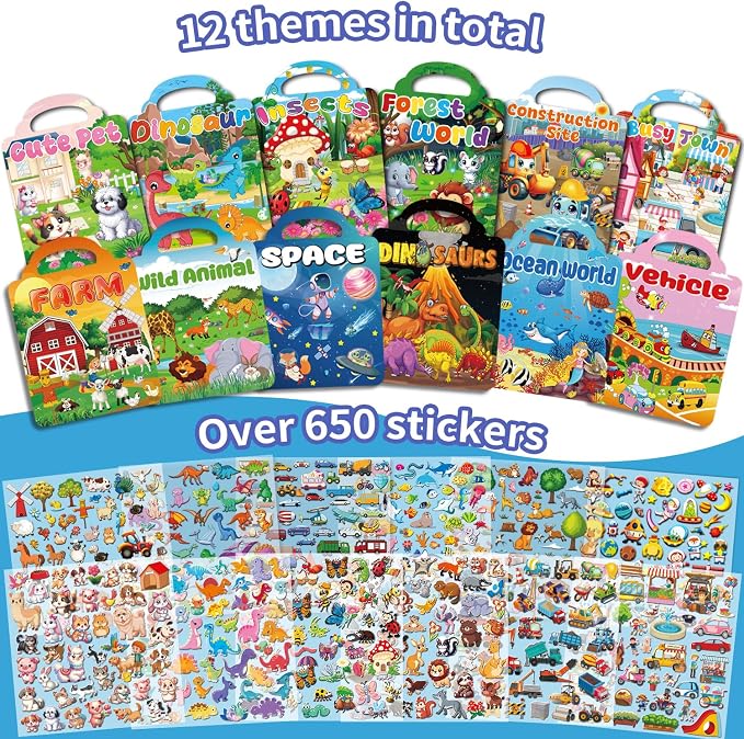 Kalysky 12 Set (650pcs) Reusable Sticker Books for Toddlers 2-4 1-3, Kids 3D Puffy Sticker Activity Books, Birthday Party Favors Goodie Bags Stuffer