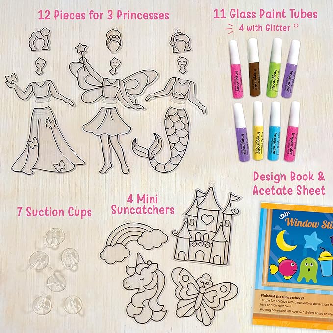 Imagimake Window Art - Princess, DIY Mess-Free 16 Pieces Suncatcher Kit | Stained Glass Painting Craft Activity for Kids, Birthday Gift for Girls Ages 5,6,7,8,9,10,12 Years Old