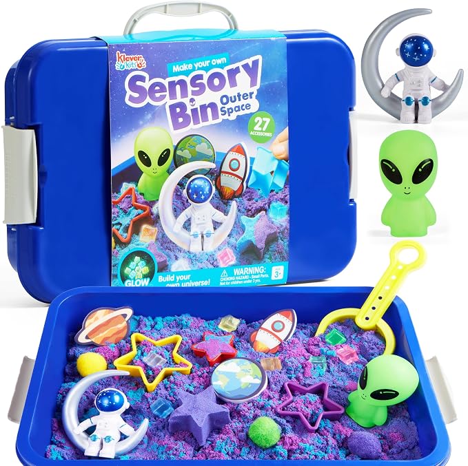 JOVA Klever Kits Outer Space Sensory Bin for Kids with Glow in The Dark Alien and Rocks, Sandbox with Lid Dual-Color Sand, Preschool Learning Activities Gifts for Boys Girls Age 3+