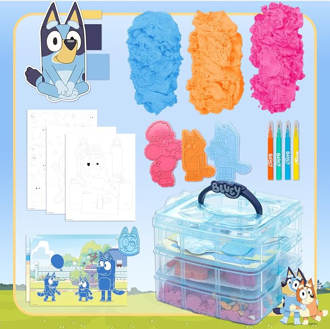 Bluey Stackable Sensory Case, Reusable Sensory Bin with Stickers, Sensory Play Sand Bags, Coloring Activities, Toddler Activities, Sensory Toys, Sensory Toys for Toddlers 1-3