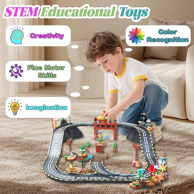 SKTMYY 153PCS Magnetic Tiles Road Set with Toy Car & Flowers Building Toy, Magnet Tiles for Kids, Magnetic Building Blocks, STEM Toy Gift for Boys and Girls, Garden Track Themed