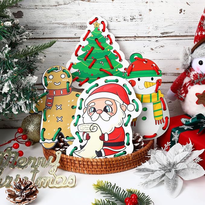 Christmas Lacing Card Motor Wooden Lacing Cards Fine Motor Skills | Christmas themed lacing cards designed to improve fine motor skills, focus, and hand-eye coordination.
