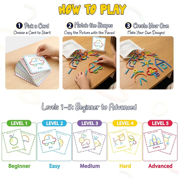 182pcs Wooden Montessori Smart Sticks and Rings Puzzle Game for Kids, Wooden Pattern Blocks Learning Set with 50+ Double-Sided Cards, A-Z Alphabet Cards, Fine Motor STEM Toy for Ages 3+