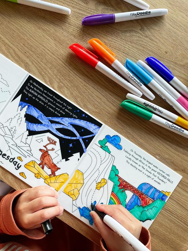 Natural Wonders Tales Foldout Book – Reusable Silicone Coloring Book for Toddlers and Kids Ages 3-7 – Educational Nature Activity Pad with 12 Markers – Mess-Free Travel Toy