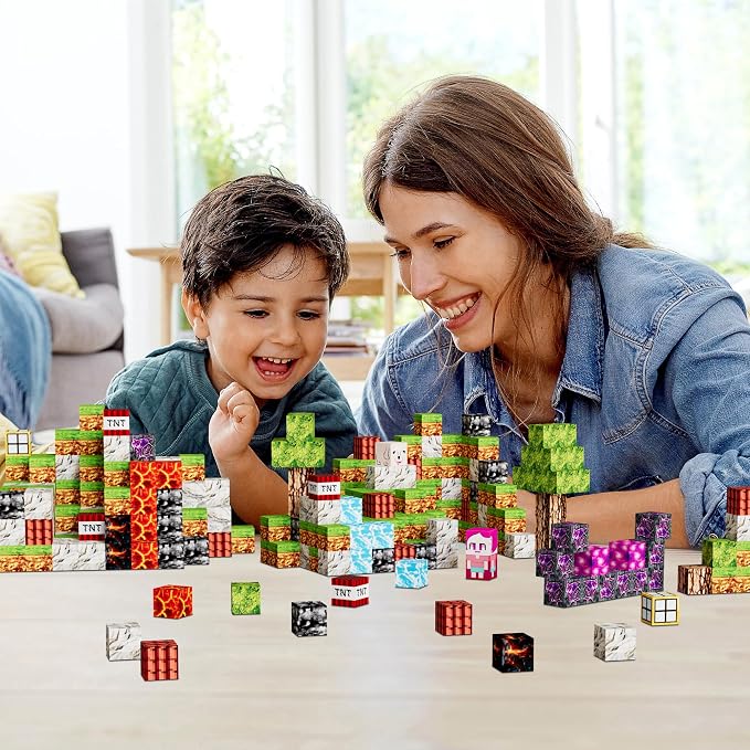 Petenjoy Magnetic Blocks Minecraft-Style Magnetic Building Blocks Cubes - 126PCS 1 inch Magnet Toys Set STEM Educational for Kids Ages 4-8 6-8 8-12 Year Old Boys Girls Birthday Christmas