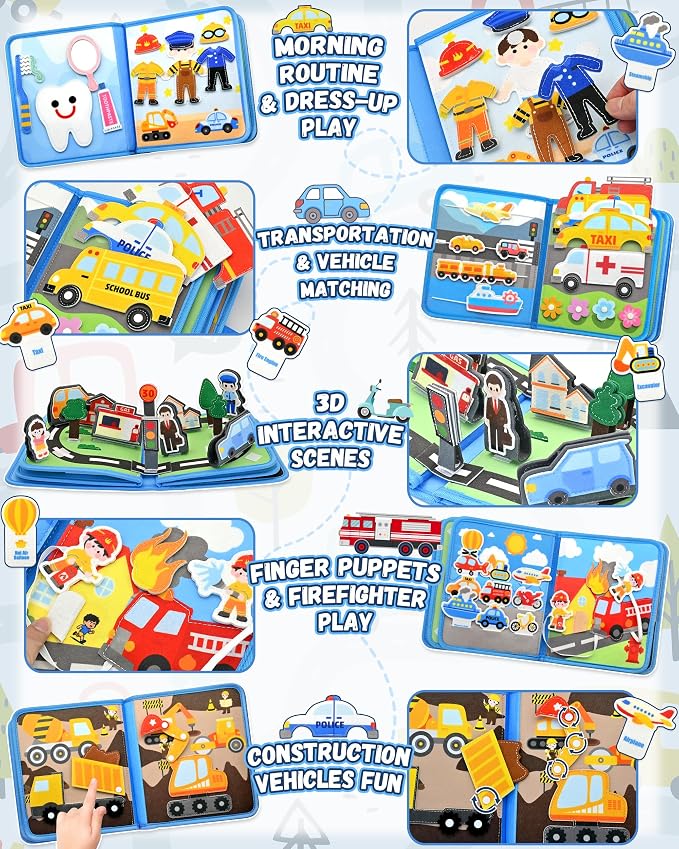Vehicles Educational Book for Toddlers 1–3, Montessori Quiet Activity & Learning Book with Cars, Trucks & Firefighters, Educational Toy for Early Learning, Travel Toy for Car & Airplane Trips