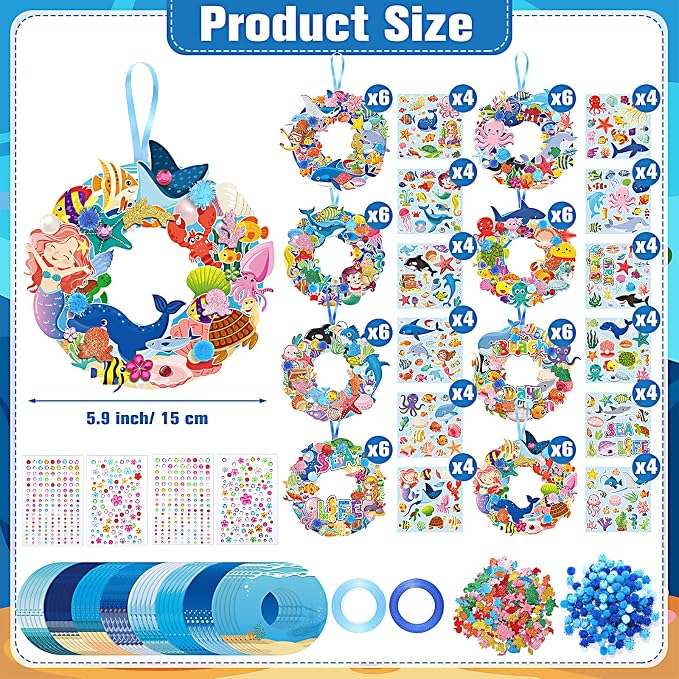 Hollowfly 48 Sets Under the Sea Craft Kits DIY Summer Ocean Wreaths | Hanging Paper Ornaments for Kids Party Favors, Ocean Animals Sea Creatures Stickers, Summer Beach Classroom Activities