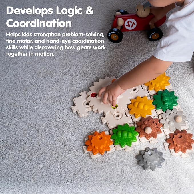 PlanToys® Wooden Gears & Puzzles Set Montessori STEM Kids Educational Toy | rotating parts, cause and effect toys, construction toys, girls, boys, logical thinking fine motor learning gift set fun