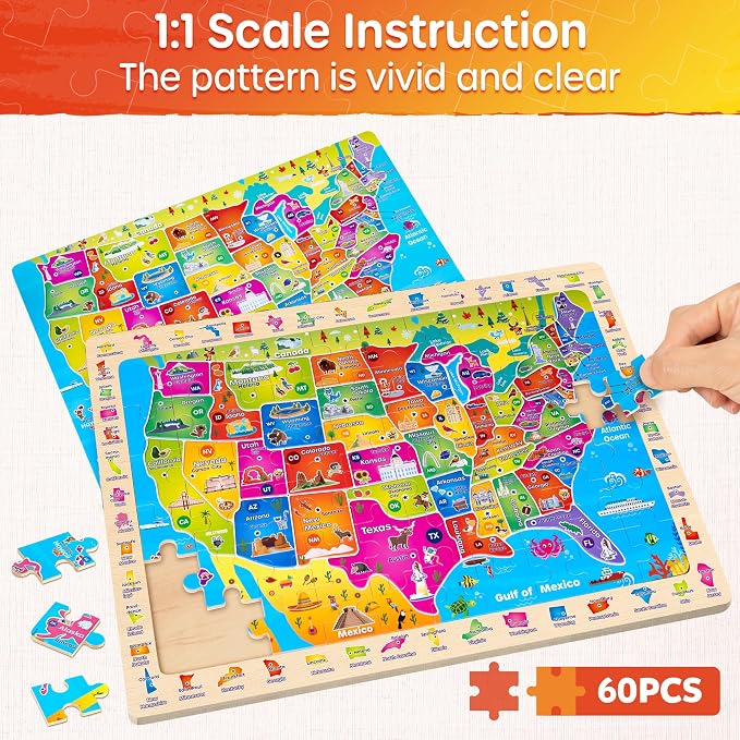 SYNARRY Large USA World Solar System Wooden Puzzles for Kids Ages 4-6 | 60 Piece Match & Find Puzzles for Kids Ages 3-5, Puzzles for Kids Ages 6-8, Birthday Gifts, Educational Geography & STEM Toys