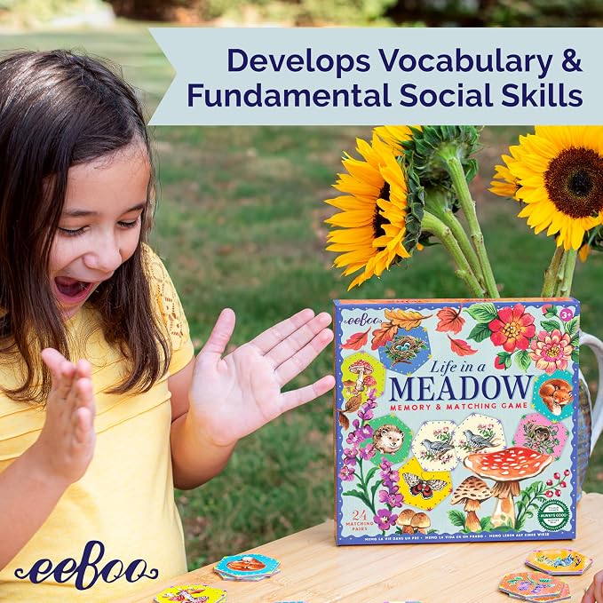 eeBoo Life in a Meadow Memory & Matching Game, Ages 3+, 1-4 Players | Introduces woodland flora & fauna. Sharpens recognition, concentration & memory skills. Includes 48 hexagonal tiles, 24 pairs