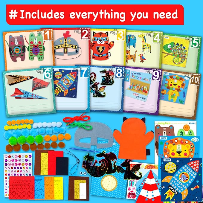 EZCRA Craft Box for Kids Ages 4-8 - 21-in-1 Arts and Crafts Kit | Mess-Free Activity Kit for Boys and Girls. 21 Craft Projects included. Birthday Gift for Kids.