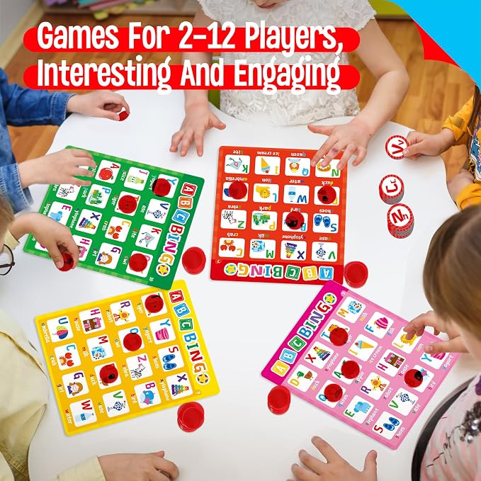 SpriteGru Alphabet & CVC Bingo Game, 12 Bingo Board ABC Letters, CVC Words Phonetic Game, Letters Phonetic Awareness Early Educational Learning Toys - Ages 4 and up, Perfect for Classroom & At Home
