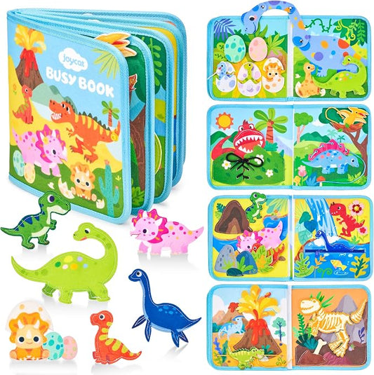 JoyCat Dinosaur Busy Book for Toddlers 2-5, Montessori Quiet Activity Toy | Dinosaur busy book with life skills activities helps toddlers practice fine motor skills and enjoy quiet travel play.