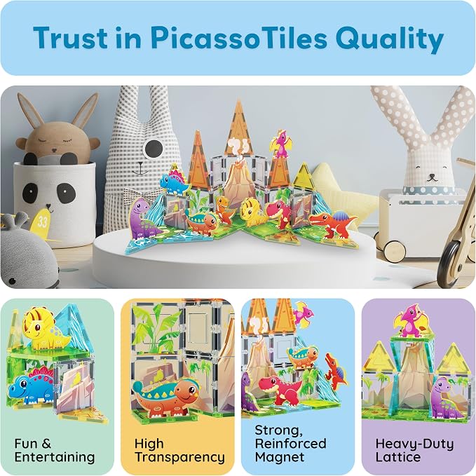PicassoTiles Dinosaur Magnetic Tiles, STEM Building Blocks Toy Set Ages 3+ | 38 pieces, 8 action figures, vibrant Jurassic world, screen-free activity, color shape recognition, durable BPA-free plastic