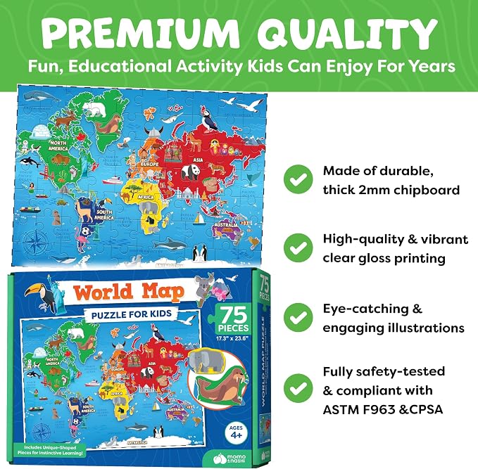 World Map Puzzle for Kids - 75pc World Puzzle with Continents, Landmarks - Childrens Jigsaw Geography Puzzles for Kids Ages 4-8, 5, 6, 7, 8-10 Year Olds - Globe Atlas Puzzle Maps Learning Games Gifts