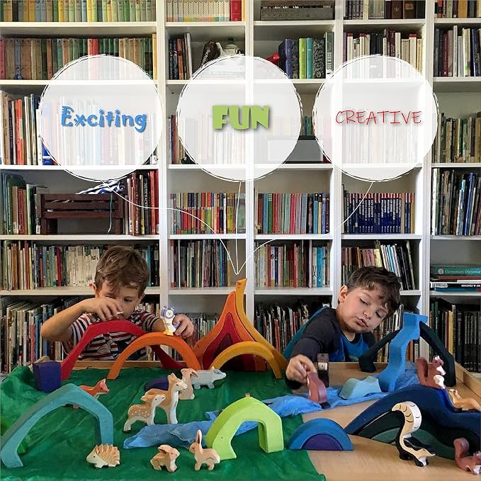 'Four Elements' Rainbow X-Large Rainbow Blocks, Wooden Toys for Kids, Geometric Building Puzzle, Volcano/House Educational Set