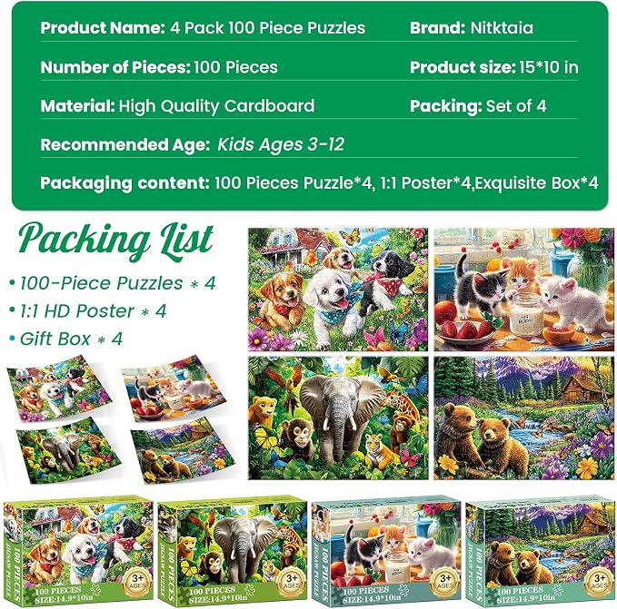 4-Pack 100 Piece Puzzles for Kids Ages 6-8 8-10 - Large Piece Puzzles for Adults Seniors Kids, Dogs Cats Bears Animals Jigsaw Puzzles for Kids Ages 4-6,Learning Educational Toys Gifts for Boys Girls