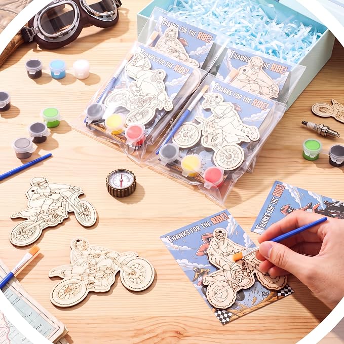 Saypacck 24 Pcs Dirt Bike Party Favors Wooden Paint Craft Kits | 12 Motocross Wood Pieces with Paint Palettes, Organza Bags Included, Ideal for Goodie Bag Fillers and Thank You Gifts