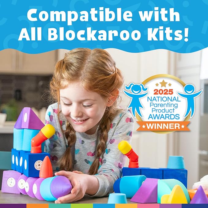 Blockaroo Magnetic Foam Building Blocks 50-Piece Trunk Set for Toddlers | Soft Magnetic Foam Blocks, 360-Degree Rotation, Storage Trunk, Floating Bath Toy, Sensory Play, Dishwasher Safe, Ages 3-5