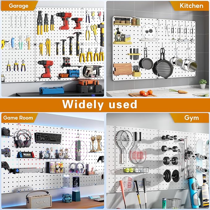 Peg Board, 114PCS Heavy Duty Metal Pegboard with Hooks, 8 Pack White Peg Board Panels, 60lbs Load Capacity Each, Pegboard Wall Organizer for Garage, Workshop, Kitchen, Craft Rooms