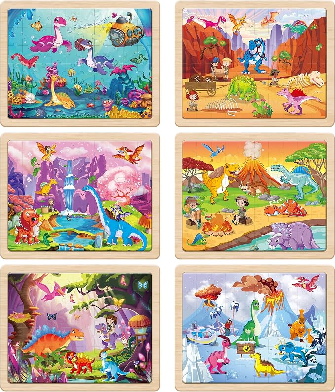 SYNARRY Wooden Dinosaur Puzzles for Kids Ages 4-6, 6 Packs 60 PCs Jigsaw Puzzles Educational Toys Gifts for Children Ages 4-8, Easter Basket Stuffers Gifts Toys for Kids