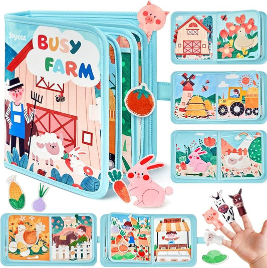 JoyCat Farm Busy Book for Toddlers 1-3, 21-in-1 Montessori Travel Quiet Toy | 21-in-1 farm busy book with Montessori activities supports fine motor skills, life skills and quiet travel play
