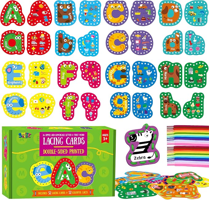 52 PCS Lacing Cards, 26 Double-Sided Uppercase & Lowercase Sewing Cards with 52 Colorful Laces, Imagination Development Lacing Toy Games Educational and Learning Activity for Preschoolers, Children