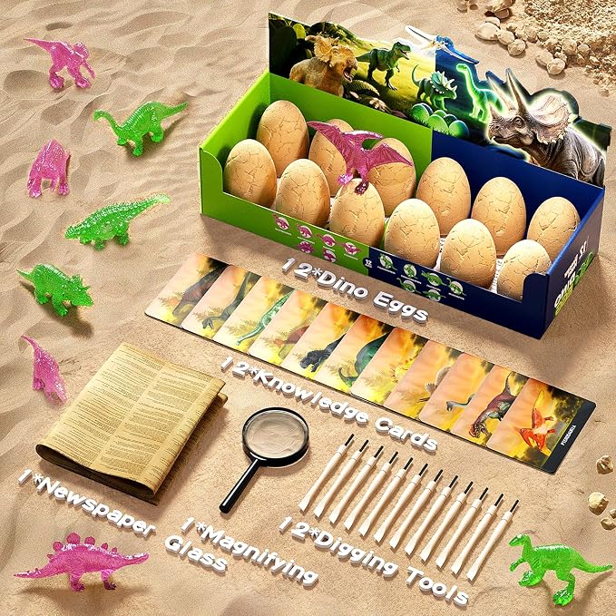 12 Glow in The Dark Dinosaur Eggs, Excavation Kit with Magnifier | Dig Kit Toys for Kids, Easter Basket Stuffers, Science STEM Party Favor Gifts for Boys Girls Age 3 4 5 6 7 8 9 10 + Years Old