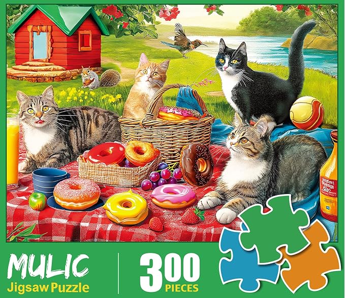 300 Piece Puzzles for Adults for Kids Clearance - Picnic Kittens and Donut | Donut Puzzle Gift for Kids