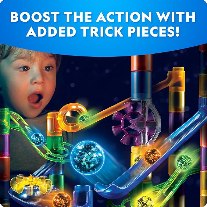 National Geographic Glow in the Dark Marble Run 25-Piece Expansion Pack | 5 Glow in the Dark Glass Marbles, 20 Construction Pieces, Marble Maze Expansion, Creative Building, STEM Physics Play