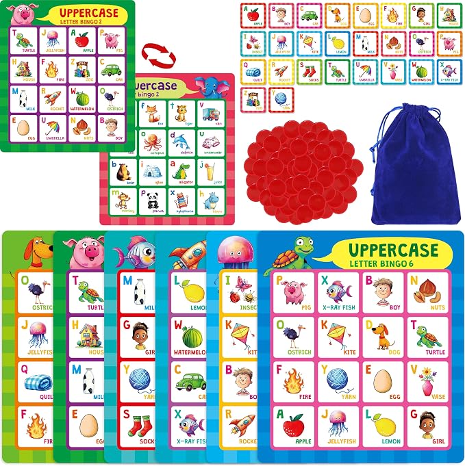SpriteGru Alphabet Bingo Game, Uppercase/Lowercase/First Words Bingo Educational ABC Letter Learning Board Game for Kindergarten and Preschool Kids Aged 4+, Perfect for Classroom & At Home