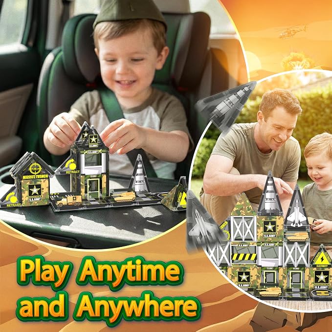 42PCS Mini Magnetic Tiles Army Base Travel Set with Iron Box | STEM Educational Military Building Blocks Magnetic Construction Toy for Kids Ages 3 to 8 Creative Gift for Boys and Girls