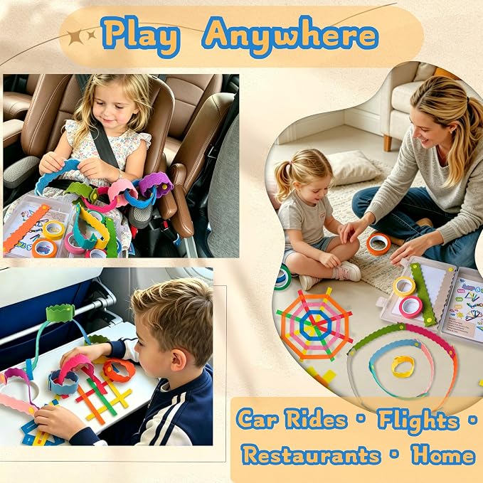Feel Good Waves Snap & Tape Play Kit - Kid Travel Toy - Fine Motor -Fidget | 12 felt snap links, 6 washi tapes & carry case, screen-free for airplane, car & restaurant, sensory play, US safety certified