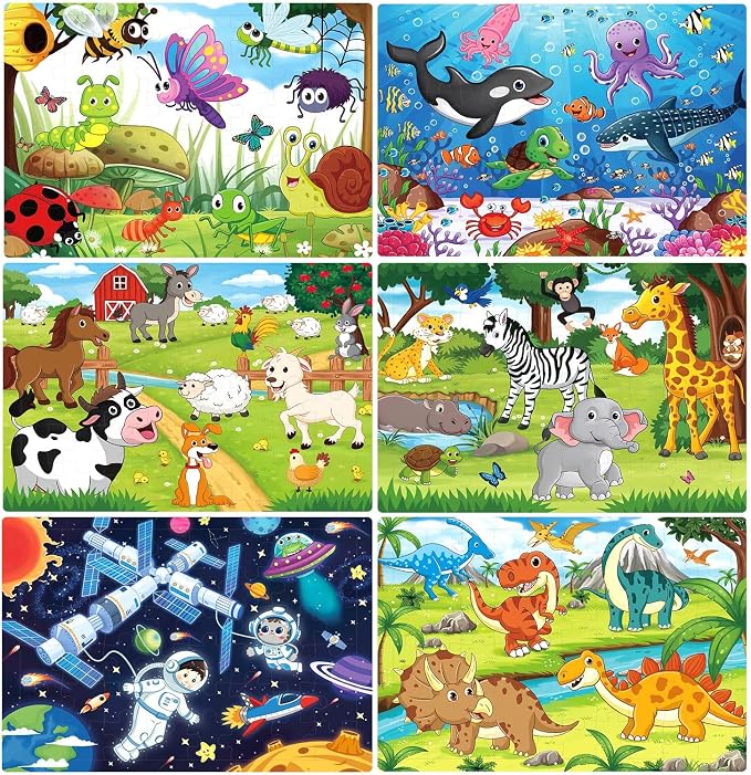 Puzzles for Kids Ages 4-8, Wooden Jigsaw Puzzles 48 & 60 Pieces, 6 Pack | Colorful Toddler Puzzle Set, Educational Learning Toys, Birthday Gifts for Boys Girls