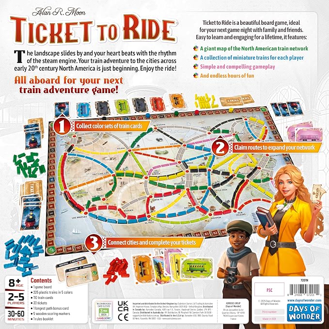 Asmodee Ticket to Ride Board Game (2025 Refresh) - A Cross-Country Train Adventure for Friends and Family, Strategy Game for Kids & Adults, Ages 8+, 2-5 Players, 30-60 Minute Playtime | A Cross-Country Train Adventure for Friends and Family, Strategy G...